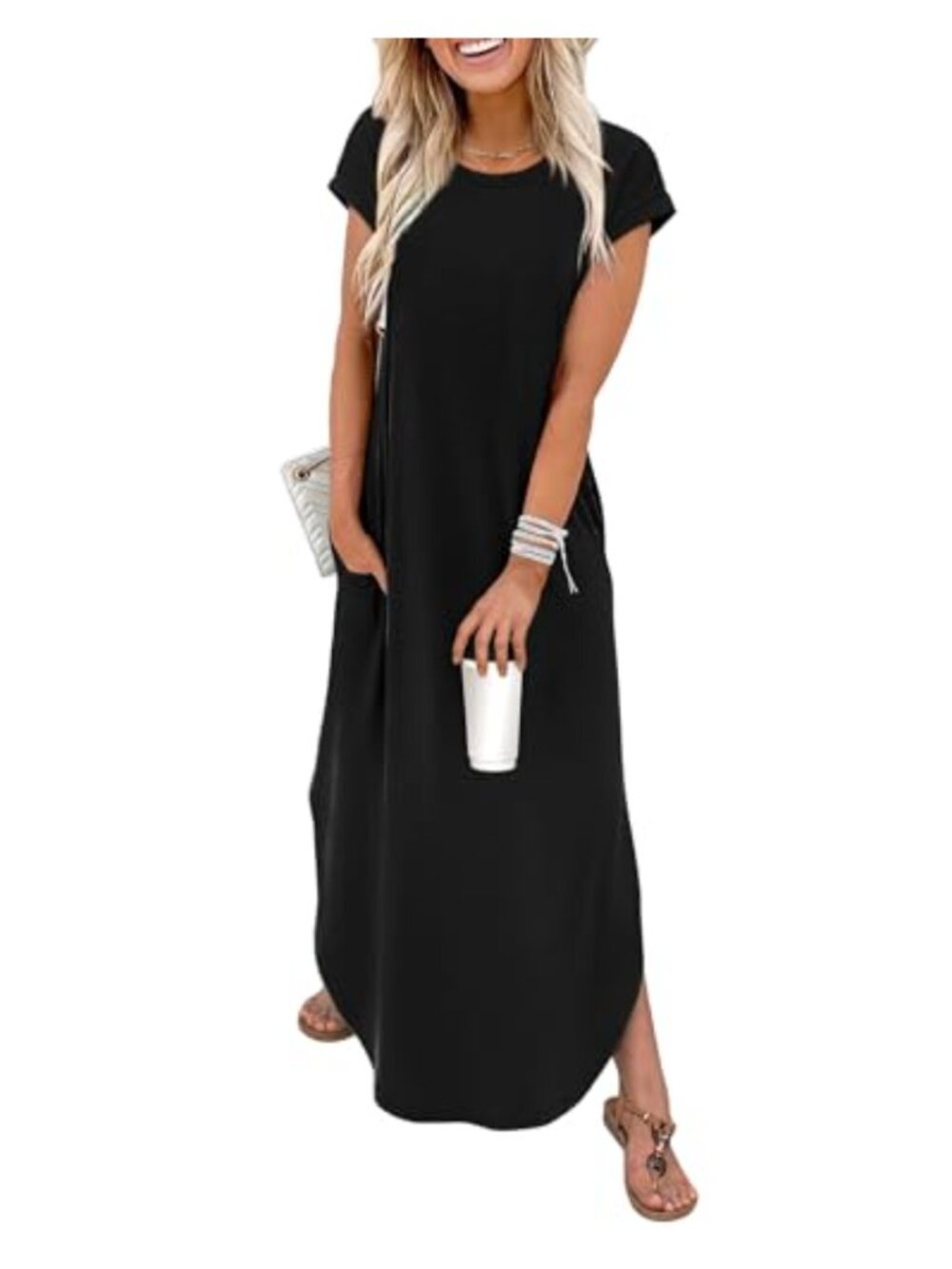 Cap Sleeve Crew Neck Maxi Dress with Pockets Casual Beach Vacation Sundress